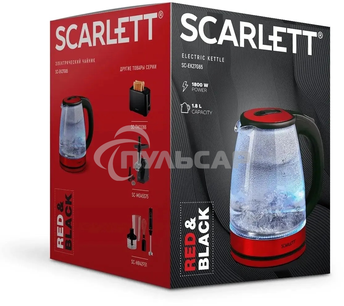 Чайник электрический Scarlett SC-EK27G65 красный/черный, 1800 Вт, 1.8 л