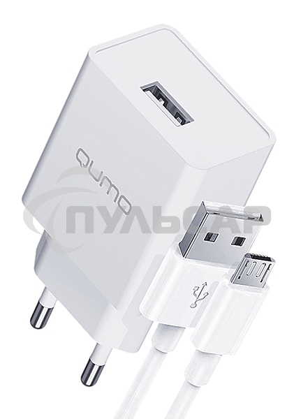 Сетевое зарядное устройство Qumo Energy light 10Вт, (модель 0103), порт: USB-A, + кабель PVC 1м. USB-A на MicroUSB, белый