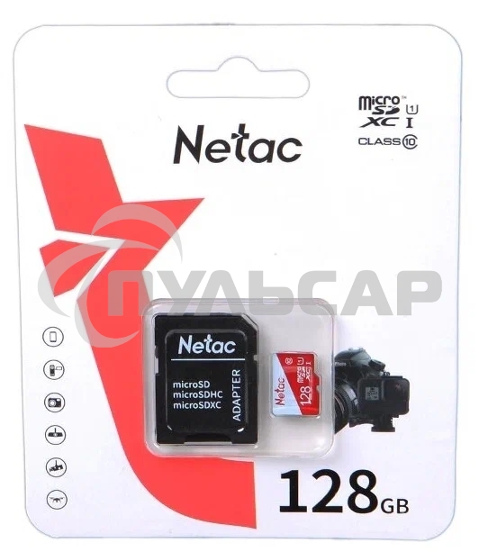 Флеш карта Netac P500 ECO 128Gb MicroSDXC U1/C10 up to 80Mb/s, retail pack with SD Adapter