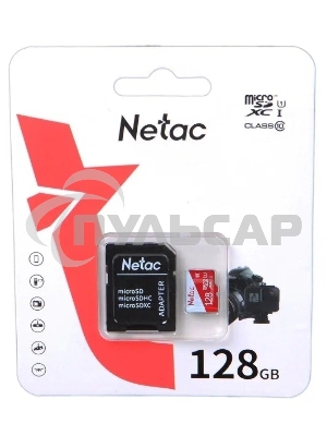 Флеш карта Netac P500 ECO 128Gb MicroSDXC U1/C10 up to 80Mb/s, retail pack with SD Adapter