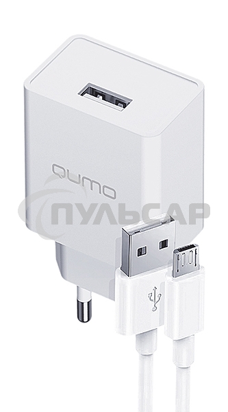 Сетевое зарядное устройство Qumo Energy light 10Вт, (модель 0103), порт: USB-A, + кабель PVC 1м. USB-A на MicroUSB, белый