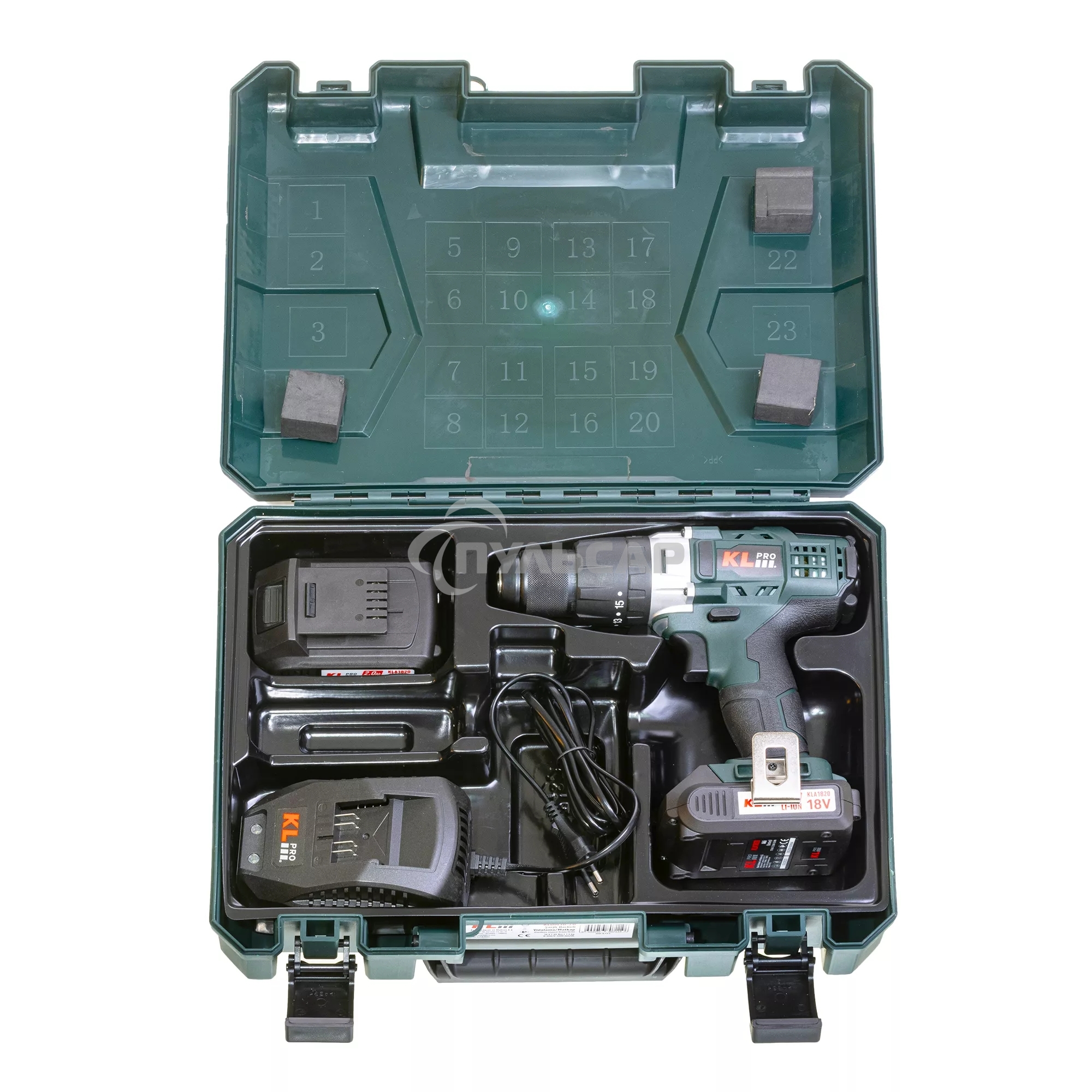 Профессиональный ударный шуруповерт KLPRO KLDM18-20 (18В, Li-ion-2шт, 2.0А·ч, 40Нм, 2 скорости, подсветка, магнитная бита,З/У,в кейсе)