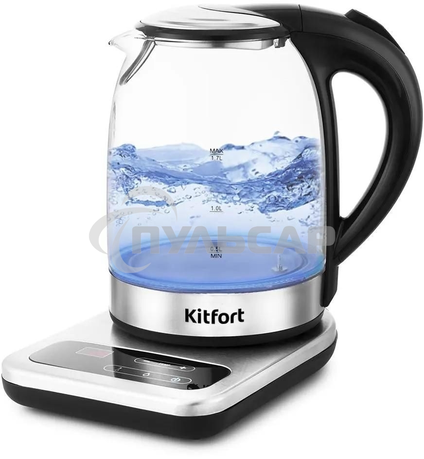 Чайник электрический Kitfort КТ-657, 1.7л, 2200Вт, (корпус: стекло), нержавеющая сталь/черный