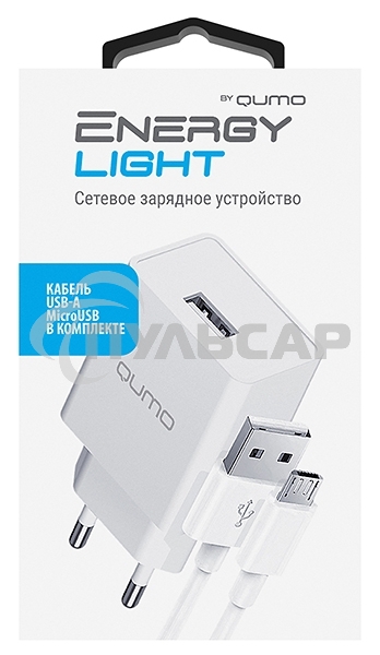 Сетевое зарядное устройство Qumo Energy light 10Вт, (модель 0103), порт: USB-A, + кабель PVC 1м. USB-A на MicroUSB, белый