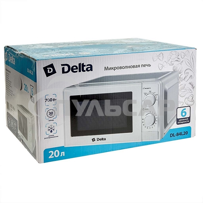Микроволновая печь DELTA DL-84L20 белый, 20 л, 700 Вт, переключатели - поворотный механизм