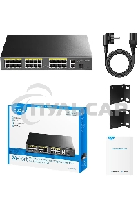 Коммутатор Cudy FS1026PS1, (L2) 24x100Мбит/с 2x1Gbит/с, 1SFP, 24PoE, 24PoE+ 300W, неуправляемый