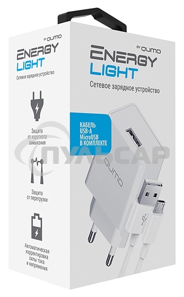 Сетевое зарядное устройство Qumo Energy light 10Вт, (модель 0103), порт: USB-A, + кабель PVC 1м. USB-A на MicroUSB, белый