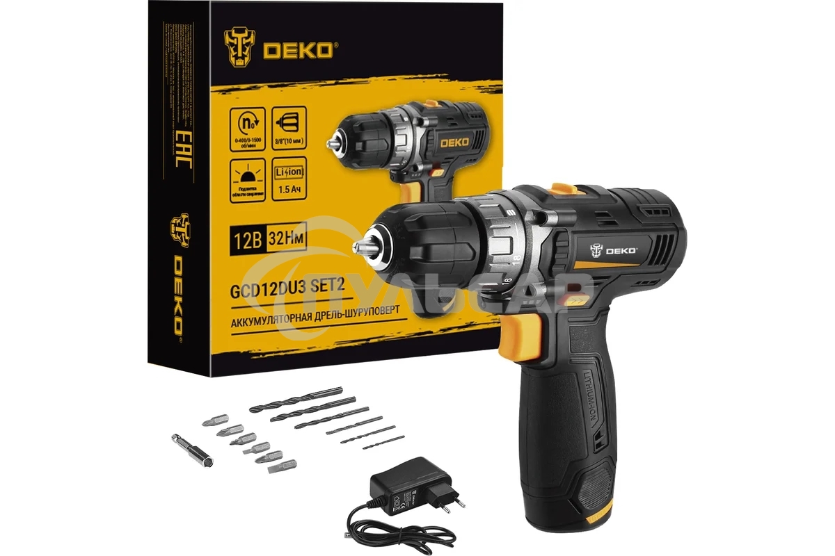 Дрель-шуруповерт Deko GCD12DU3 SET2 FU-Li-Ion, Аккумуляторная, 12В, 1 АКБ