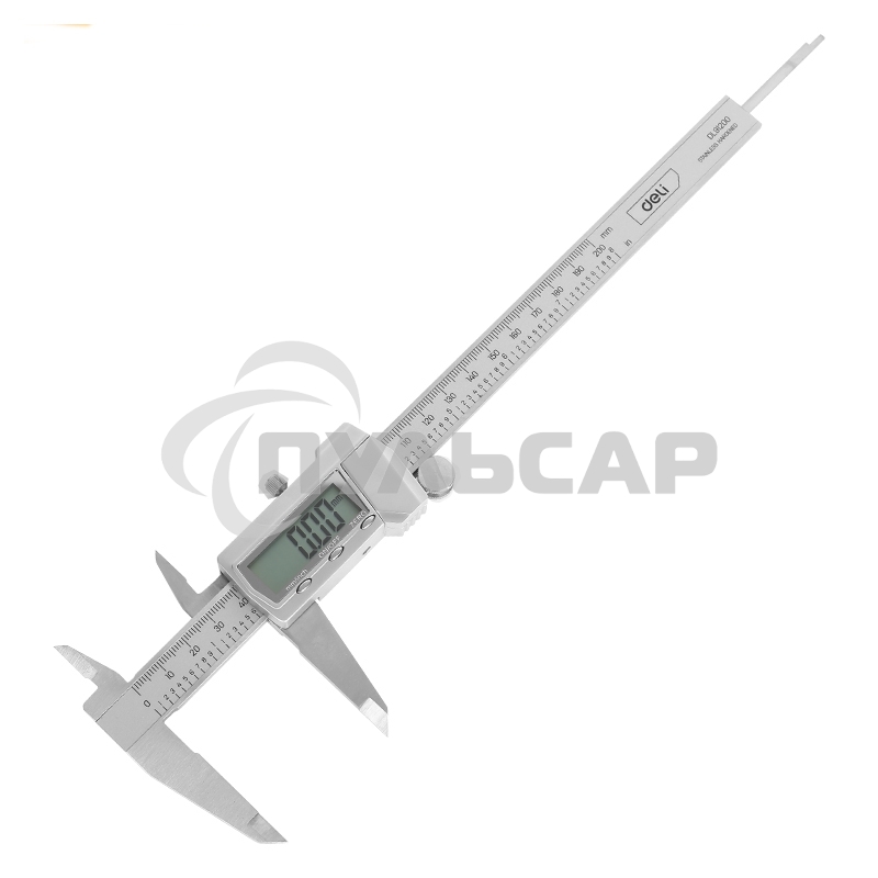 Электронный штангенциркуль Deli DL91200 200мм, метрическая/дюймовая конвертация, нержавеющая сталь, 3 кнопочное управление, светодиодный дисплей, 1,5В SR44.