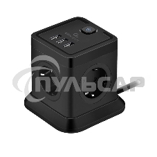 Сетевой фильтр Cablexpert Tower TWR-4-U3-B-2, 4р, 10А, 3xUSB, 3.1А, 2м, ур.защиты 2+, черный, коробка