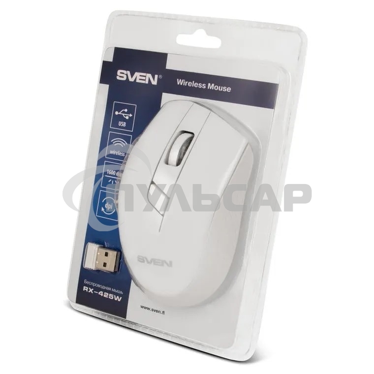 Мышь беспроводная SVEN RX-425W белый, 1600 dpi, радиоканал, USB, кнопки - 6
