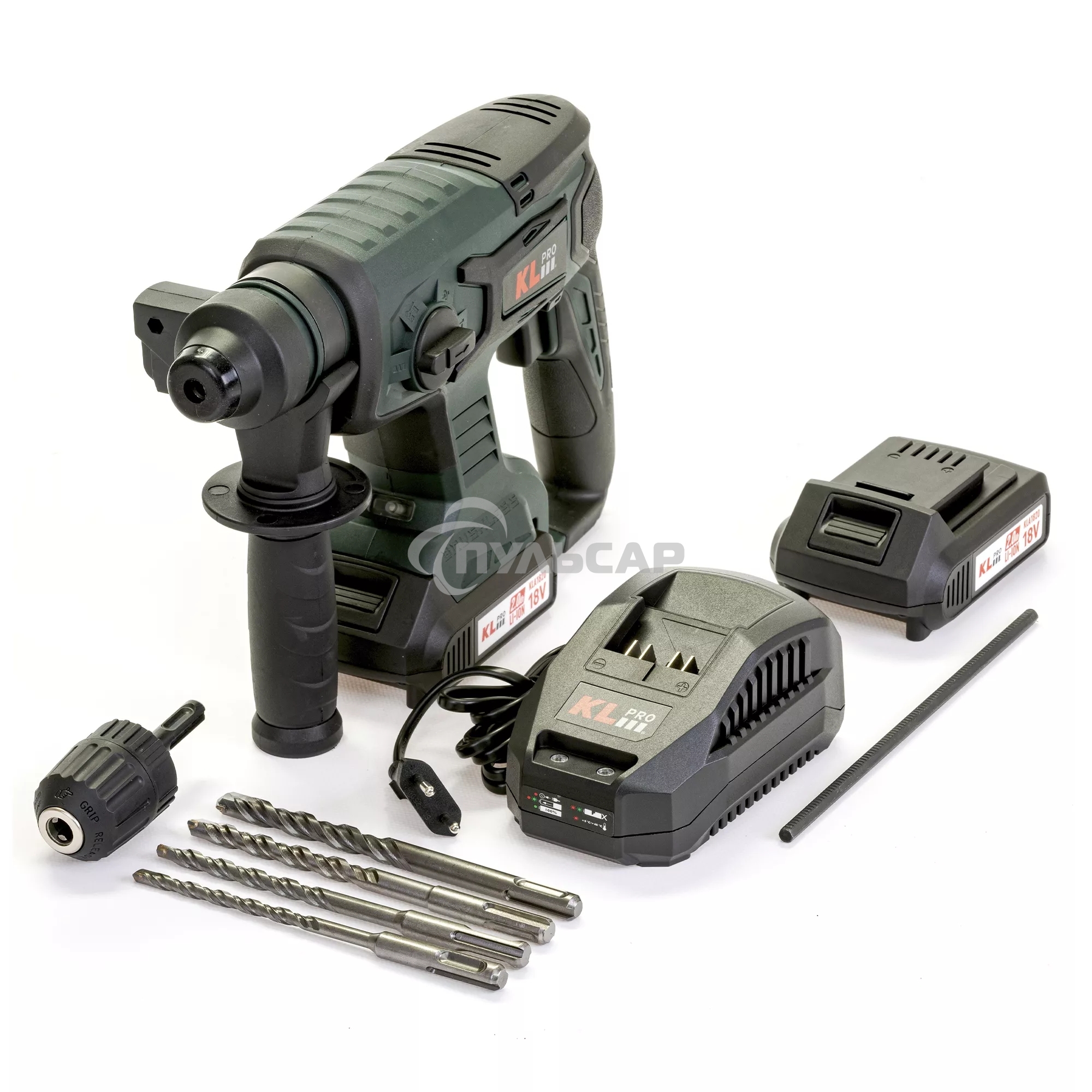 Профессиональный бесщеточный перфоратор аккумуляторный KLPRO KLPM18B-20 (18В, Li-ion-2шт, 2.0А·ч, 1,7Дж, SDS-plus, З/У,сумка)
