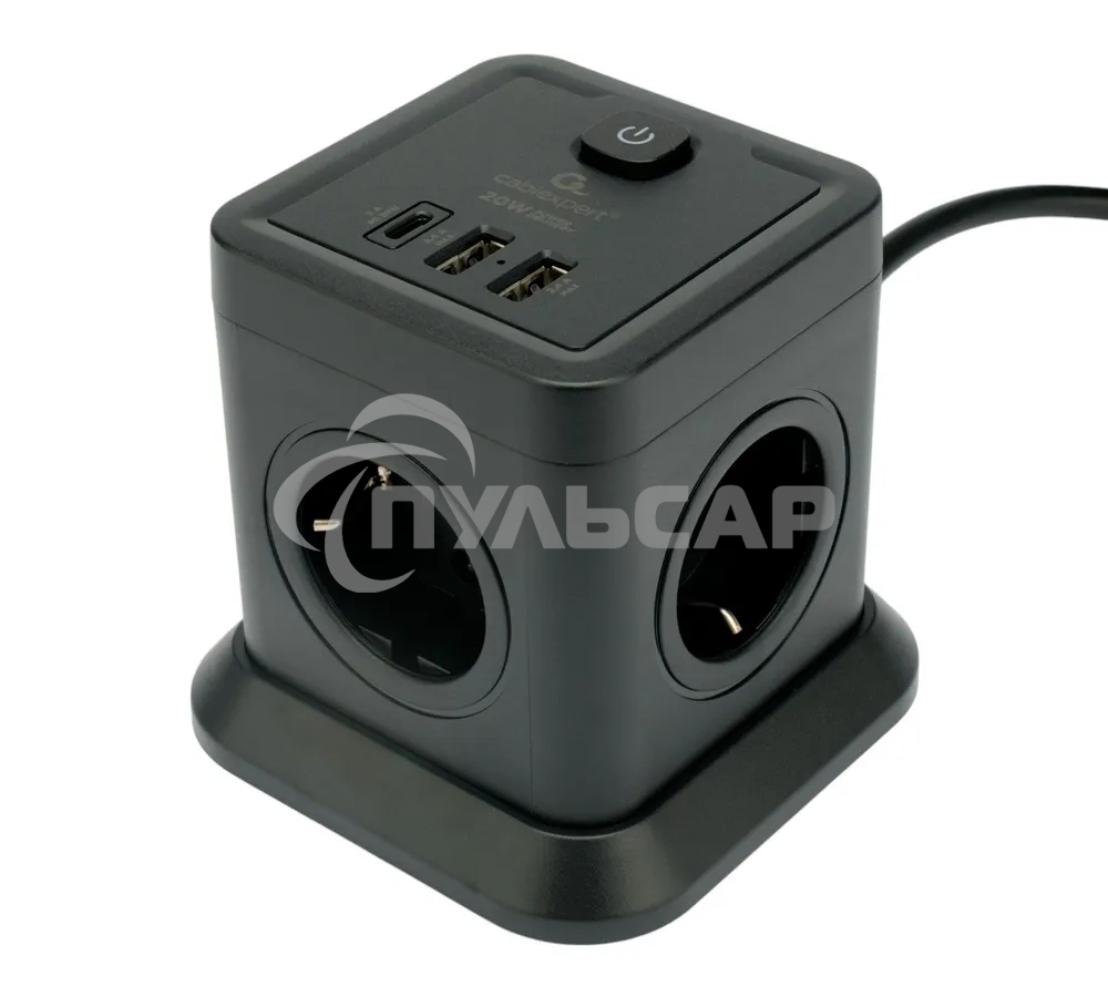 Сетевой фильтр Cablexpert Tower TWR-4-CU2-B-2, 4р, 10А, 1xType-C PD, 20Вт, 2хUSB, 2м, ур.защиты 2+, черный, коробка
