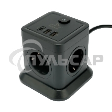 Сетевой фильтр Cablexpert Tower TWR-4-CU2-B-2, 4р, 10А, 1xType-C PD, 20Вт, 2хUSB, 2м, ур.защиты 2+, черный, коробка