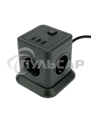 Сетевой фильтр Cablexpert Tower TWR-4-CU2-B-2, 4р, 10А, 1xType-C PD, 20Вт, 2хUSB, 2м, ур.защиты 2+, черный, коробка