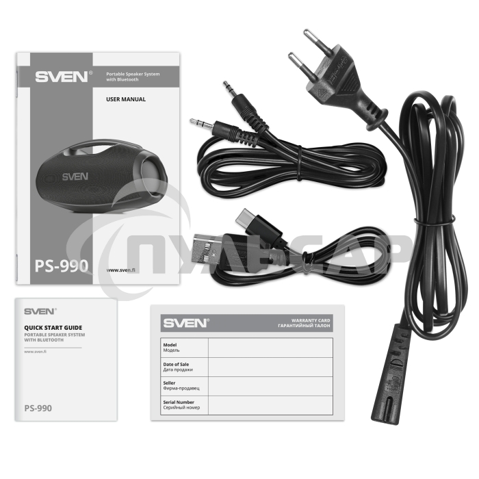 Портативная акустическая система SVEN PS-990, черный, 2.0, 2x90 Вт (RMS), IPx7, TWS, Bluetooth, USB, аккумулятор