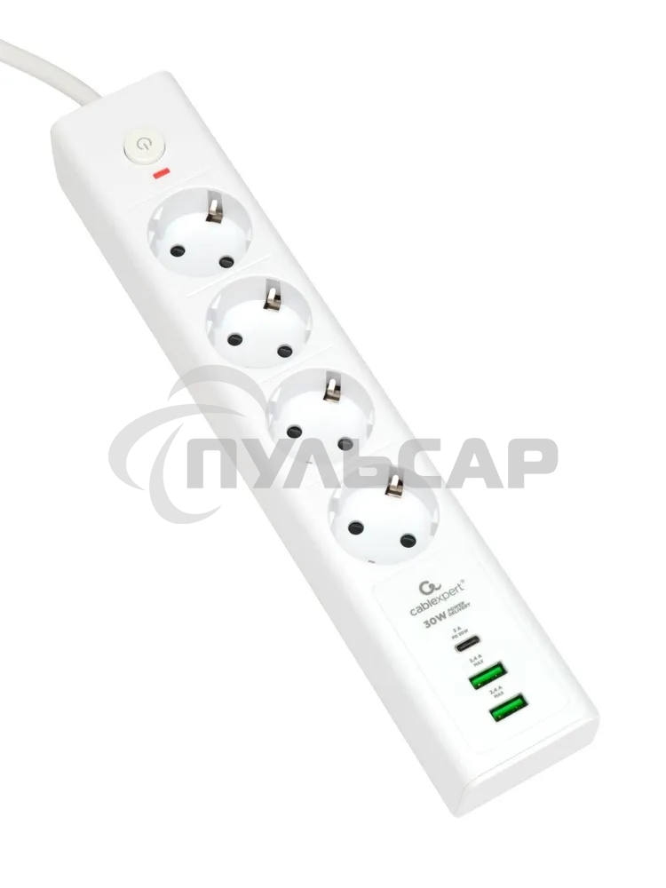 Сетевой фильтр Cablexpert Exnovo EXN-4-CU2-W-2, 4р, 16А, 1xType-C PD, 30Вт, 2хUSB, 2м, ур.защиты 4+, белый, коробка