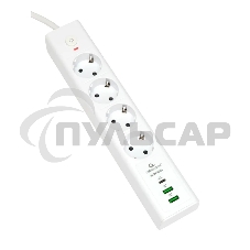 Сетевой фильтр Cablexpert Exnovo EXN-4-CU2-W-2, 4р, 16А, 1xType-C PD, 30Вт, 2хUSB, 2м, ур.защиты 4+, белый, коробка