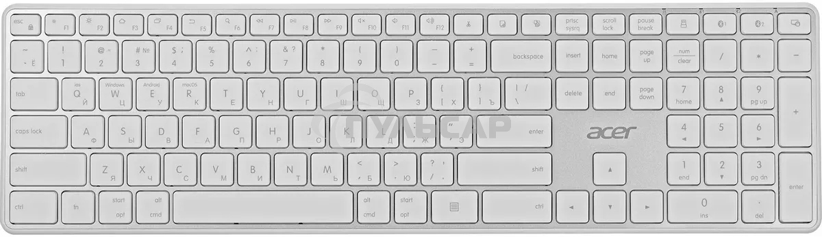 Клавиатура беспроводная Acer OKR301 (ZL.KBDEE.015), USB, Bluetooth/Радиоканал, белый/серебристый