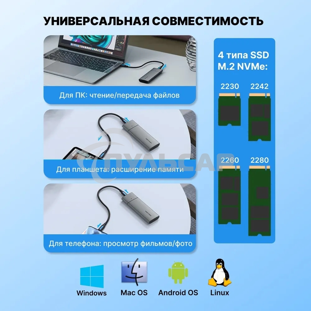Корпус для SSD Vention USB 3.1 Gen 2-C M.2 NGFF (B-Key/B&M Key) Серый