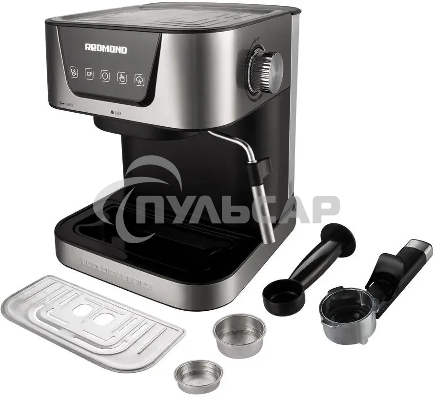 Кофеварка рожковая Redmond RCM-M1513 серебристый/черный, исп. кофе - молотый, 1.5 л, 1050 Вт, 15 бар