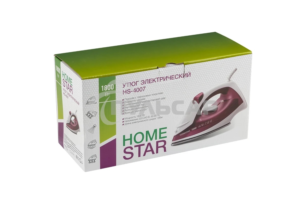 Утюг HOMESTAR HS-4007 1800 Вт, пар, спрей, самоочистка, тефлоновая подошва, белый/фиолетовый