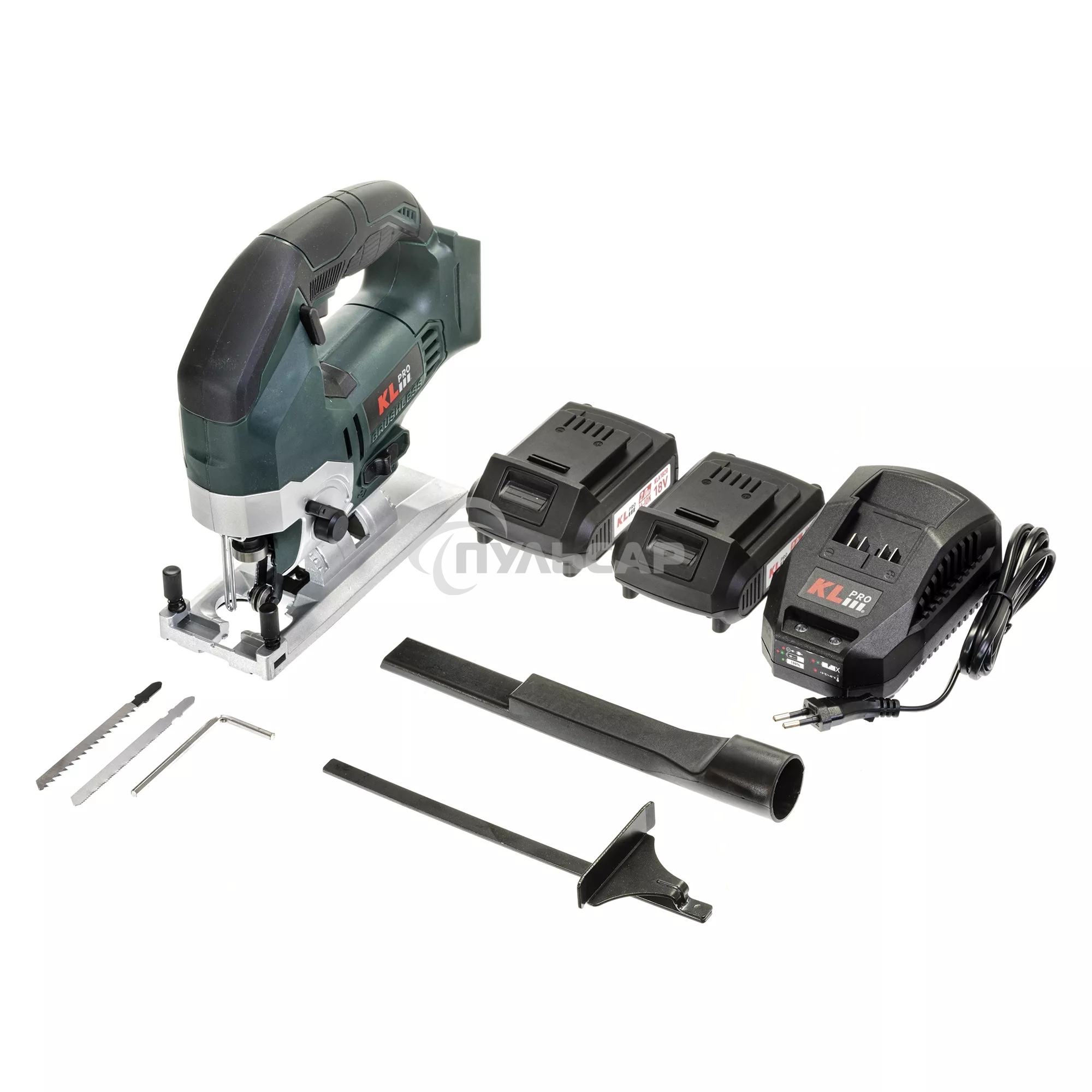 Профессиональный лобзик бесщеточный KLPRO KLDT18B-20 (18В, Li-ion-2шт, 2.0А·ч, патрубок для пылесоса, полотна (дерево/металл, З/У, кейс)