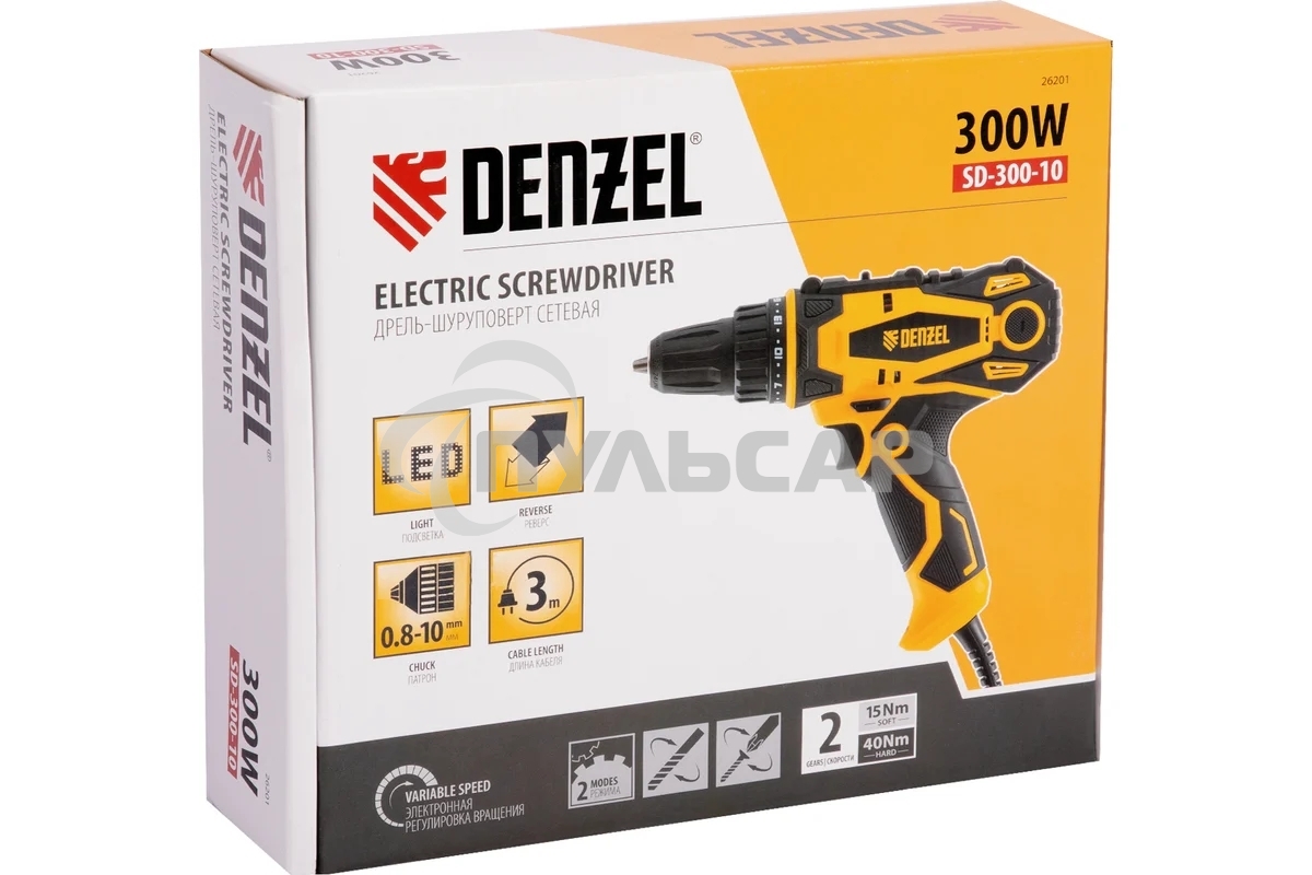Дрель-шуруповерт Denzel SD-300-10, Сетевая, 300Вт