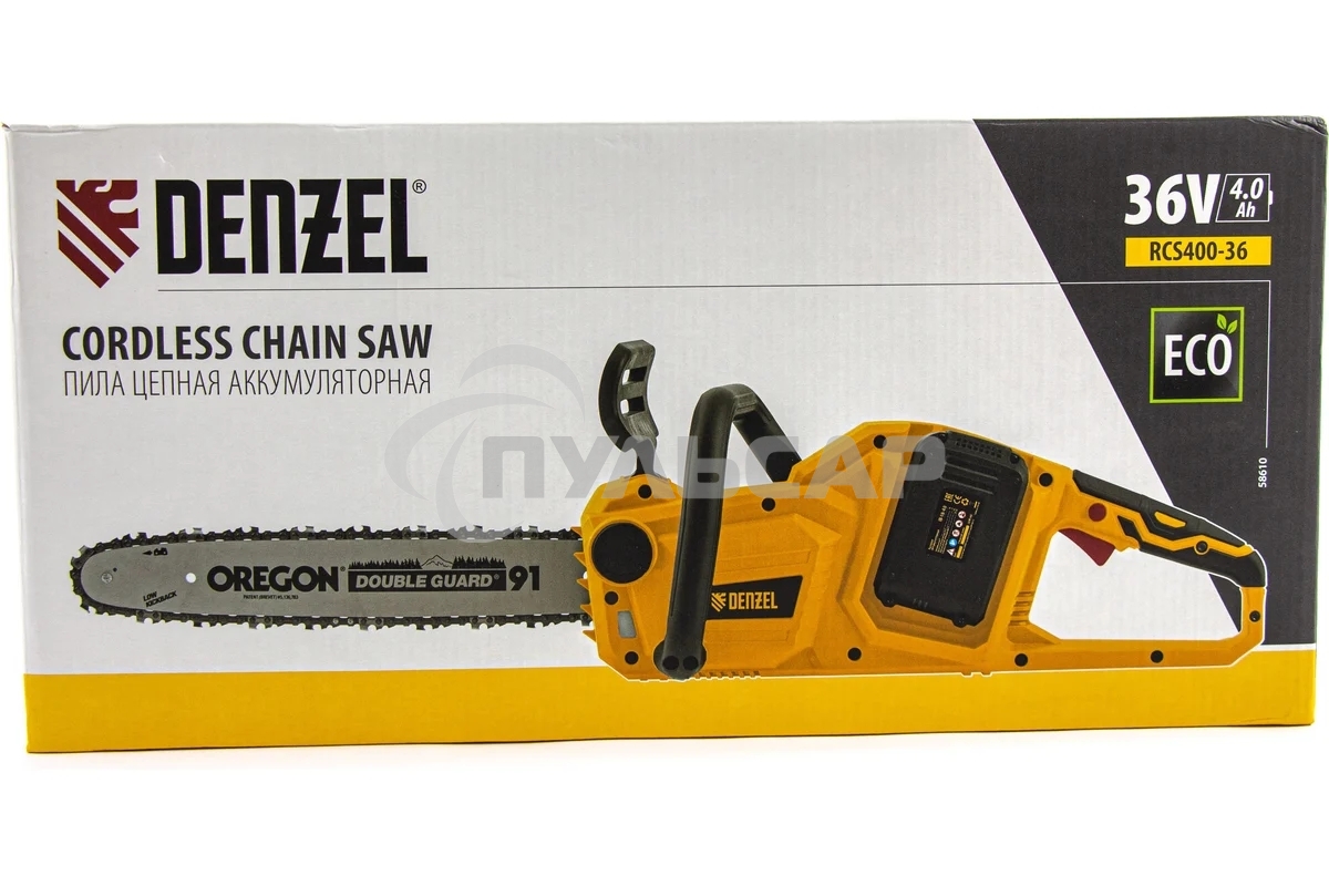 Цепная пила аккумуляторная бесщет. RCS400-36-0, Li-ion, 36 В, шина 400 мм Denzel
