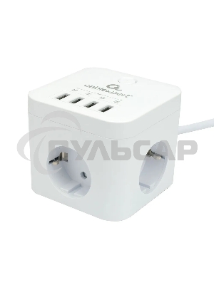 Сетевой фильтр Cablexpert Cube CUBE-3-U4-W-1.5, 3р, 10А, 4хUSB, 1.5м, ур.защиты 4+, белый, коробка