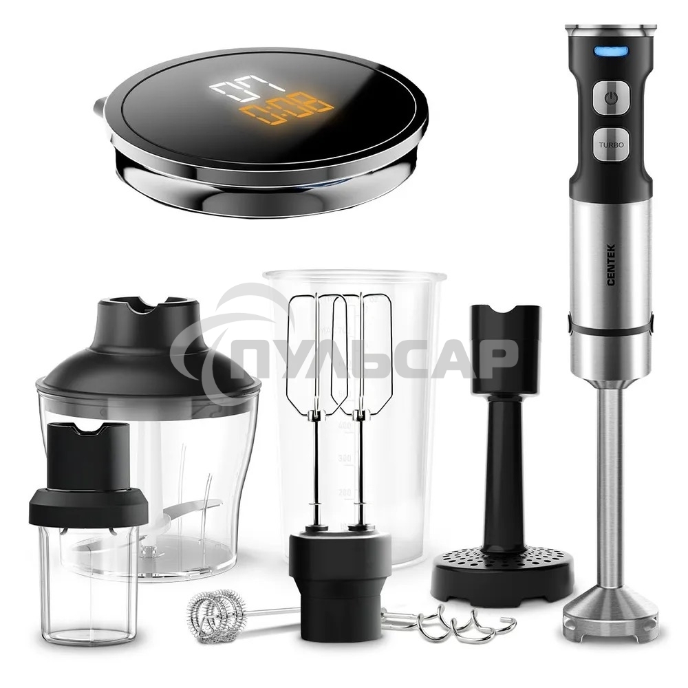Блендер CENTEK CT-1367 (сталь) 1500Вт, 8в1, блендер/венчик/чоппер/кофе, ДИСПЛЕЙ 650мл стакан 800мл