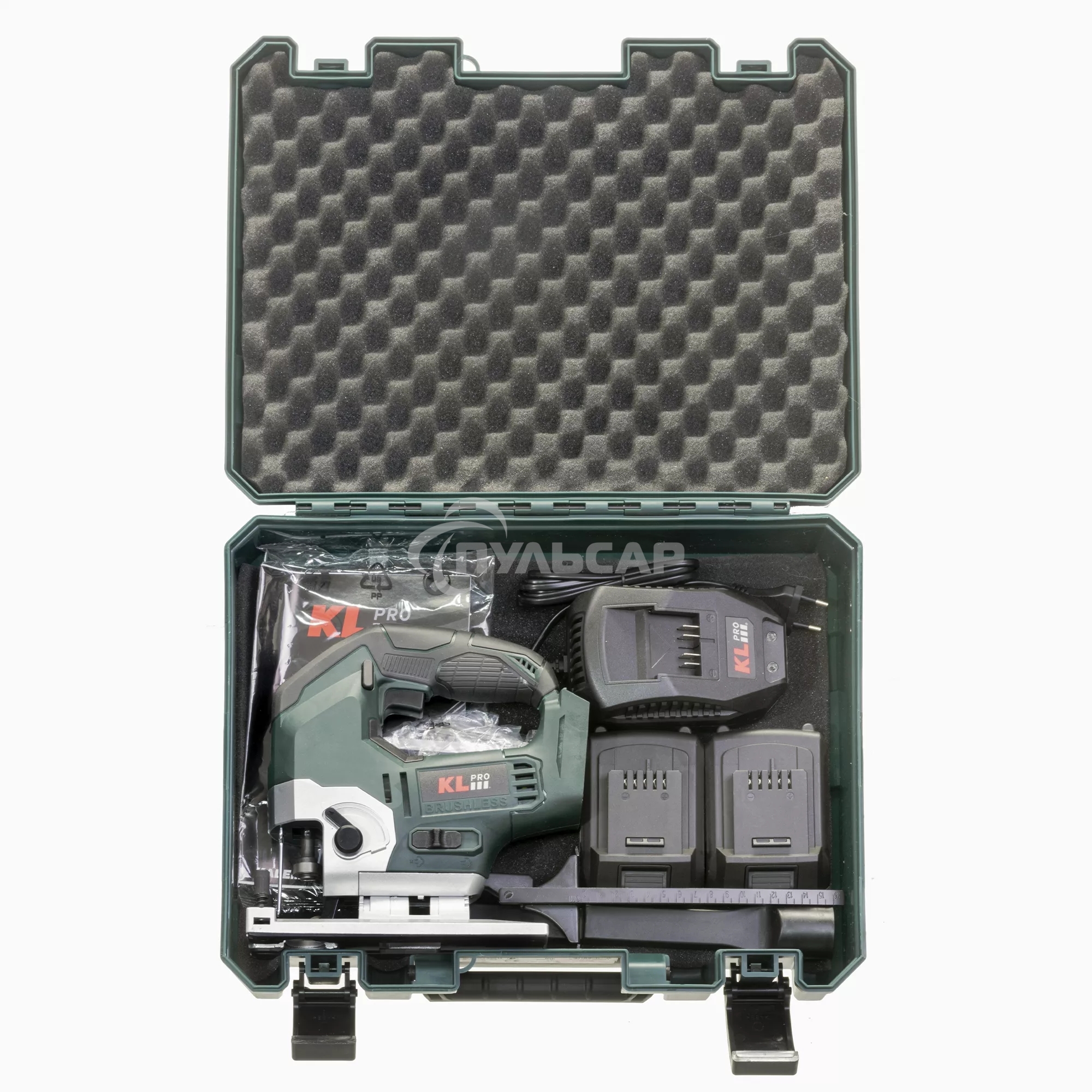Профессиональный лобзик бесщеточный KLPRO KLDT18B-20 (18В, Li-ion-2шт, 2.0А·ч, патрубок для пылесоса, полотна (дерево/металл, З/У, кейс)