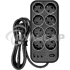 Сетевой фильтр Powercom SP-08 USB03AB 3,0 m 3.0м (8 розеток) черный (коробка)