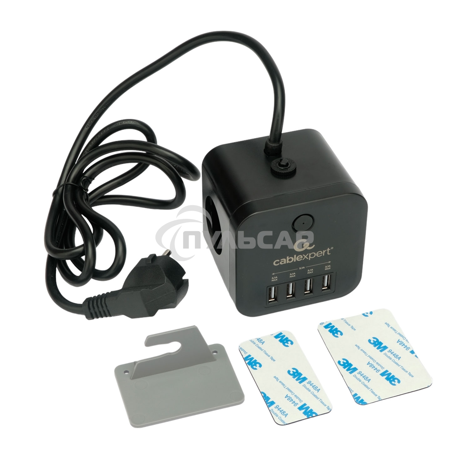 Сетевой фильтр Cablexpert Cube CUBE-3-U4-B-1.5, 3р, 10А, 4хUSB, 1.5м, ур.защиты 4+, черный, коробка