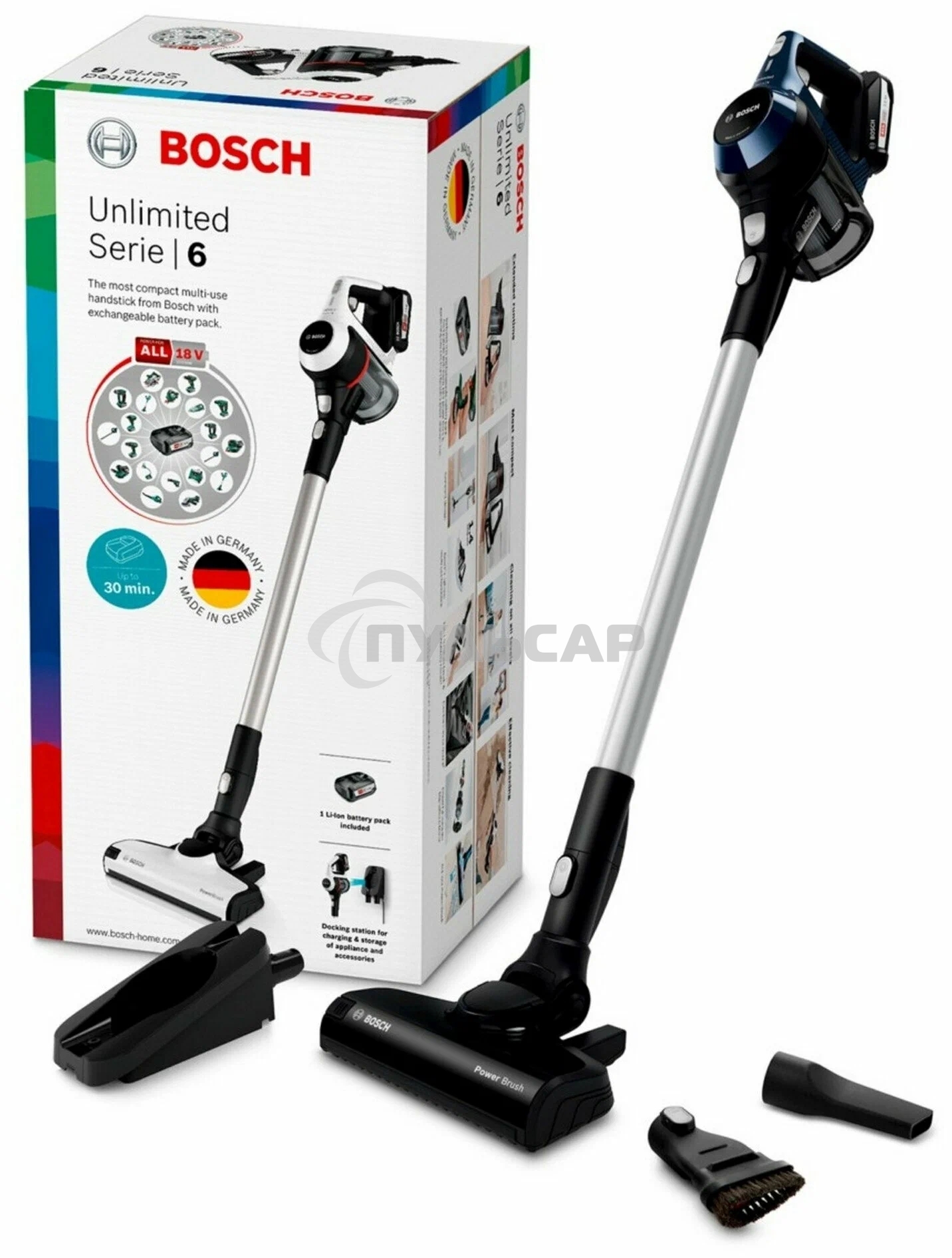 Пылесос вертикальный Bosch Unlimited BCS611P4A POWER FOR ALL 18V синий/черный, питание от аккумулятора, уборка сухая, работа от АКБ max 30 мин