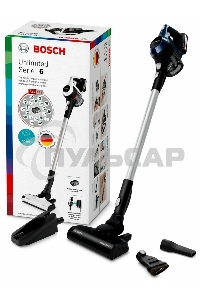 Пылесос вертикальный Bosch Unlimited BCS611P4A POWER FOR ALL 18V синий/черный, питание от аккумулятора, уборка сухая, работа от АКБ max 30 мин
