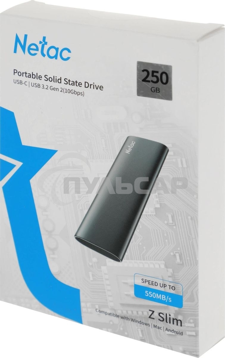 Внешний SSD Netac Z SLIM, 250 GB, USB 3.2 Gen 2 Type-C, R/W 550/480, черный