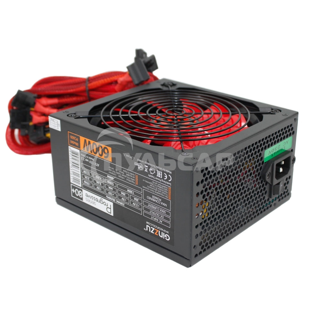 Блок питания Ginzzu PC600 Red, 600Вт, 80 PLUS, 140мм, черный / красный