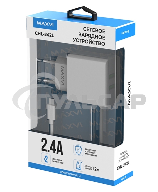 Сетевое зарядное устройство Maxvi CHL-242L 2хUSB 2.4A + литой кабель Lightning 1.2м, белый