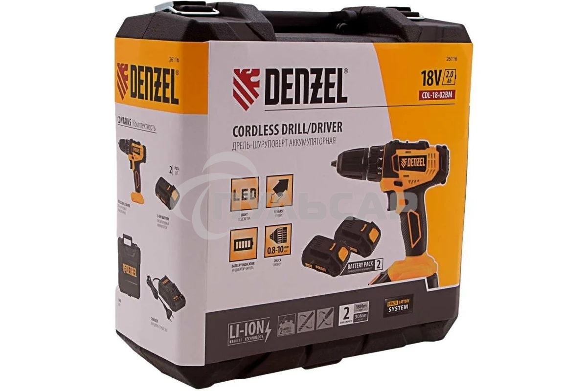 Дрель-шуруповерт Denzel CDL-18-02BM, Аккумуляторная, 18В, 2 АКБ, Кейс