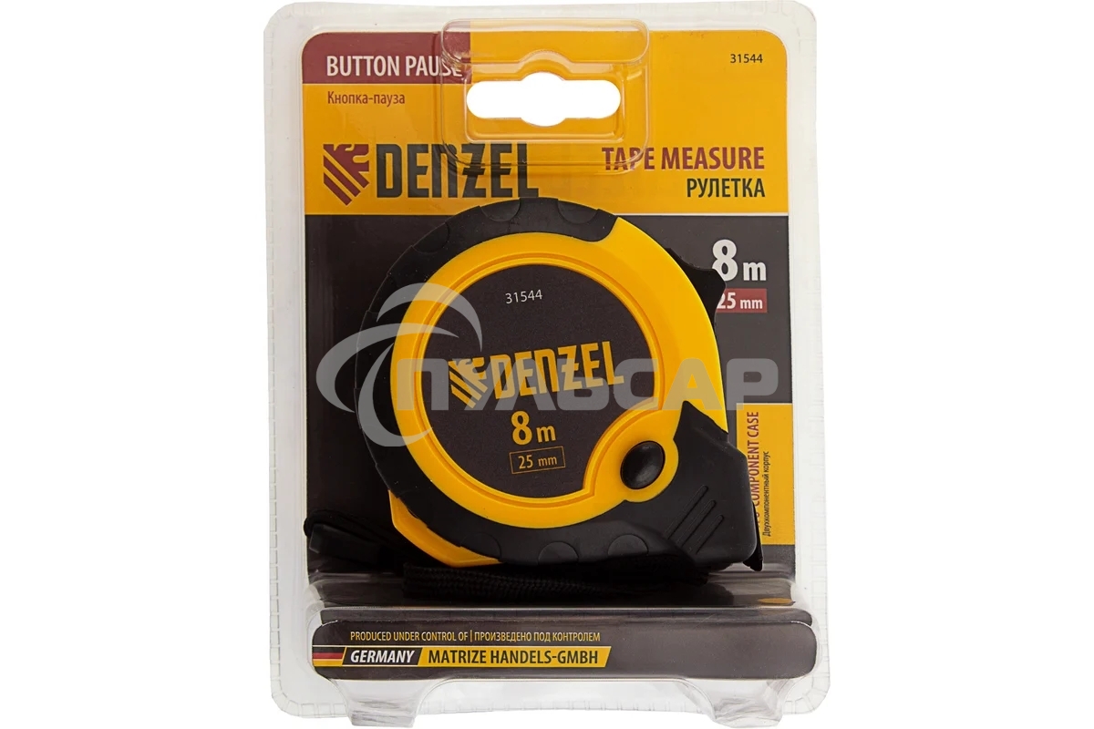 Рулетка 8м х 25мм, двухкомп. корпус, кнопка-пауза Denzel