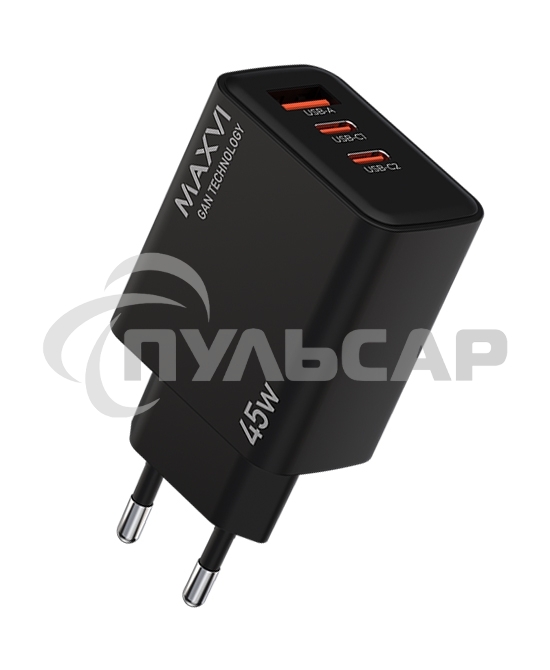 Сетевое зарядное устройство Maxvi SFC-345GN 2xType-C\USB 45W PD QC3.0 черный
