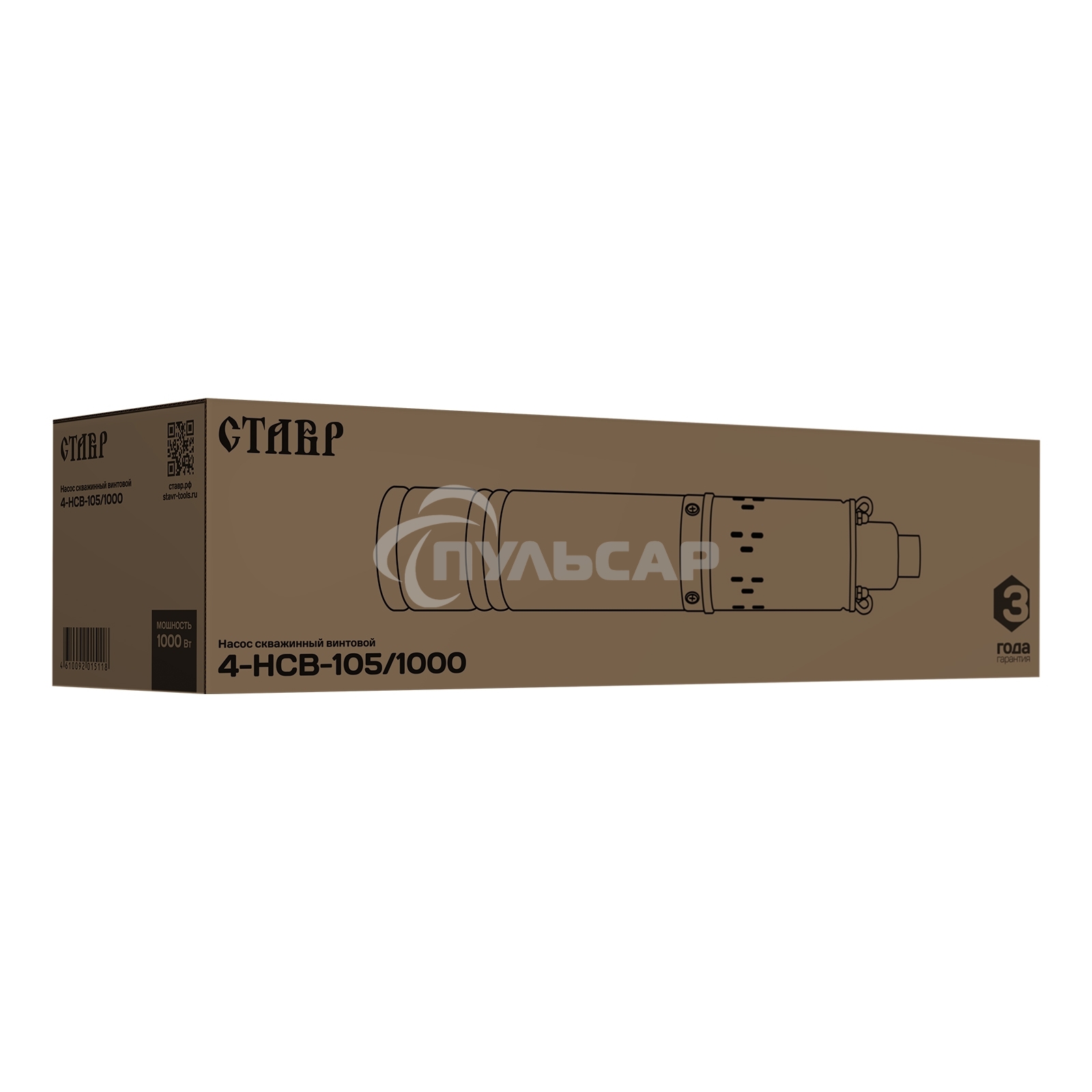 Насос скважинный винтовой 1000Вт, производительность 50л/мин, СТАВР 4-НСВ-105/1000, высота подъема 105м, давление 10.5 бар, глубина погружения 70м, максимальный размер частиц 2мм, внешний диаметр (с кожухом) 99мм, диаметр выходного патрубка G 1', длина ка