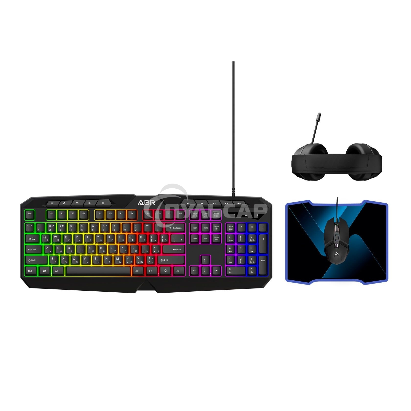 Игровой комплект из проводной клавиатуры, мыши, коврика для мыши и наушников ABR KM707+M01D10