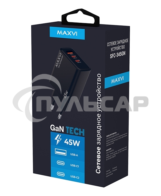 Сетевое зарядное устройство Maxvi SFC-345GN 2xType-C\USB 45W PD QC3.0 черный