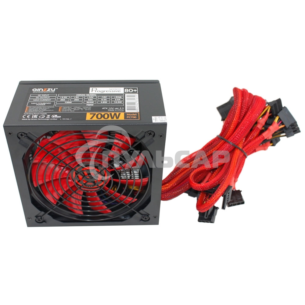 Блок питания Ginzzu PC700 14CM(Red) 80 PLUS black,APFC,24+4p,2 PCI-E(6+2), 7*SATA, 4*IDE,оплетка, кабель питания,цветная коробка