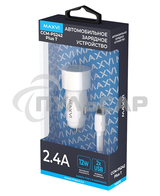 Автомобильное зарядное устройство Maxvi CCM-PS242 Plus T 2хUSB 2.4А + кабель Type-C 1м, белый