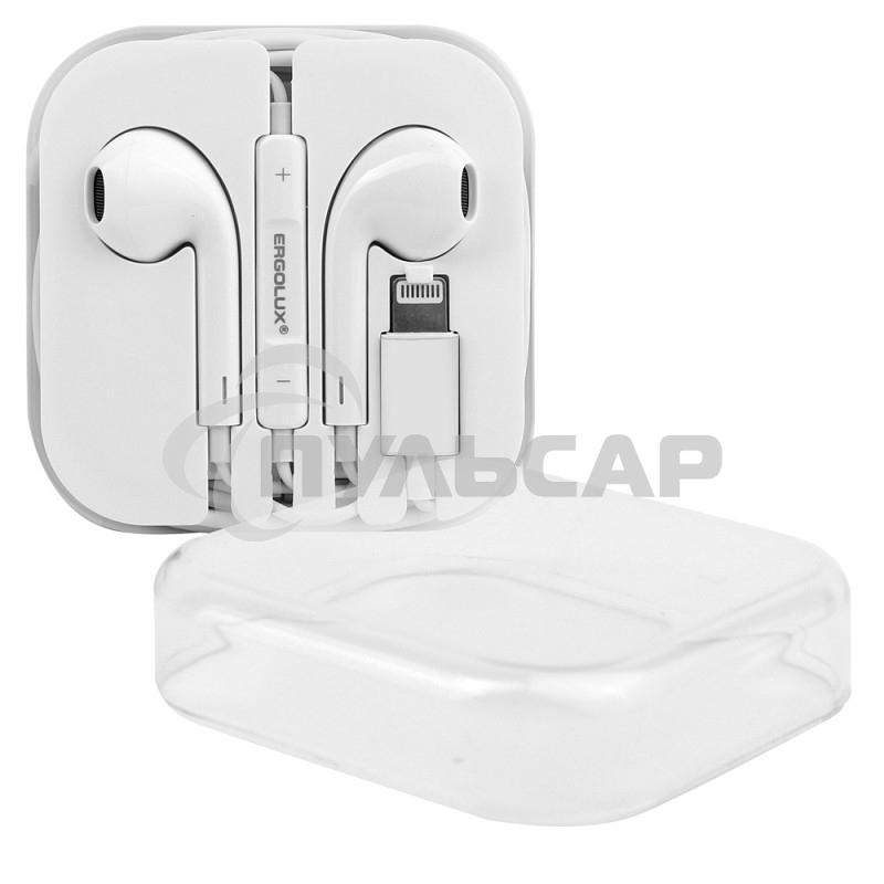 Наушники вкладыши с микрофоном ELX-WHP04-C01 проводные Lightning 1.2м коробка+бокс бел. Ergolux 15285