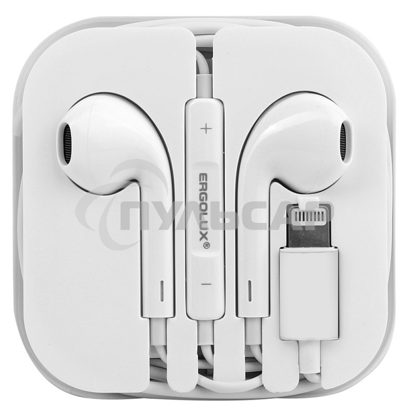 Наушники вкладыши с микрофоном ELX-WHP04-C01 проводные Lightning 1.2м коробка+бокс бел. Ergolux 15285
