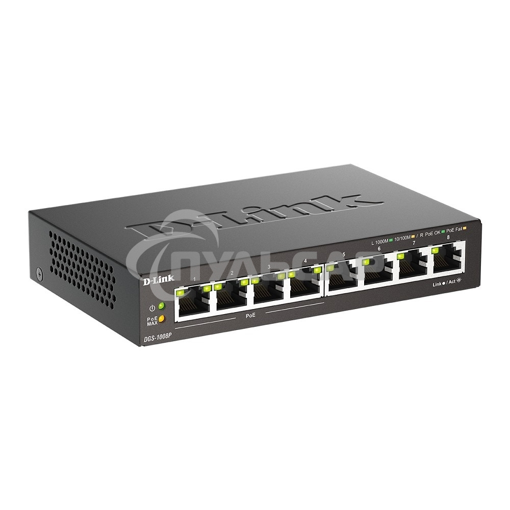 Неуправляемый коммутатор D-Link DGS-1008P/F3A с 8 портами 10/100/1000Base-T (4 порта PoE 802.3af/at, PoE-бюджет 60 Вт)